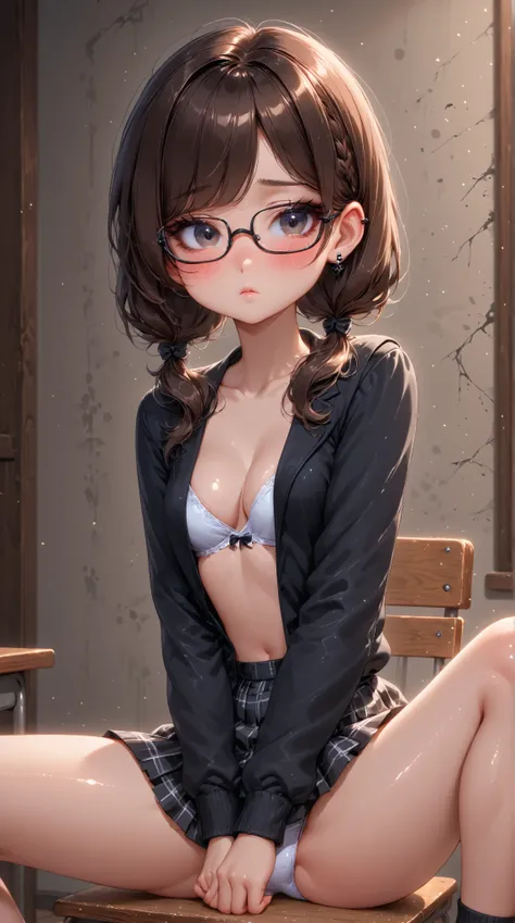 A beautiful young korean girl with glasses, goth girl, dark mood, hair parted in middle, brown hair, nerdy, cute, shy, small breasts, cleavage, schoolgirl, shiny skin, heavy blushing, legs spread, white panties, sitting, sexy pose, dynamic, pose, 