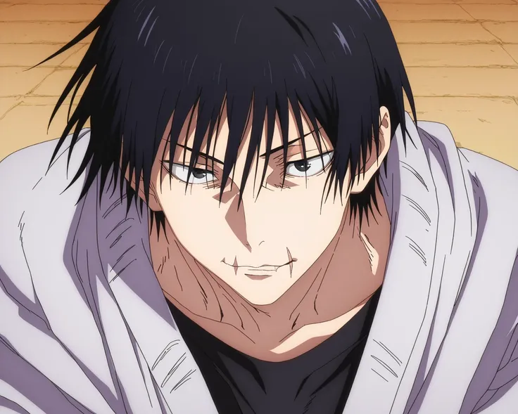 masterpiece, best quality, , anime screencap, anime coloring, official style, , 1boy, solo, male focus, touji_fushiguro, black hair, black eyes, short hair, hair between eyes, bangs, , scar on mouth, , japanese costume