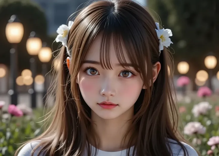 night park with street lights、1 girl lying on the grass、 face me、 cute、 beautiful face、flower bed、Street lamp、Otome、 Resort