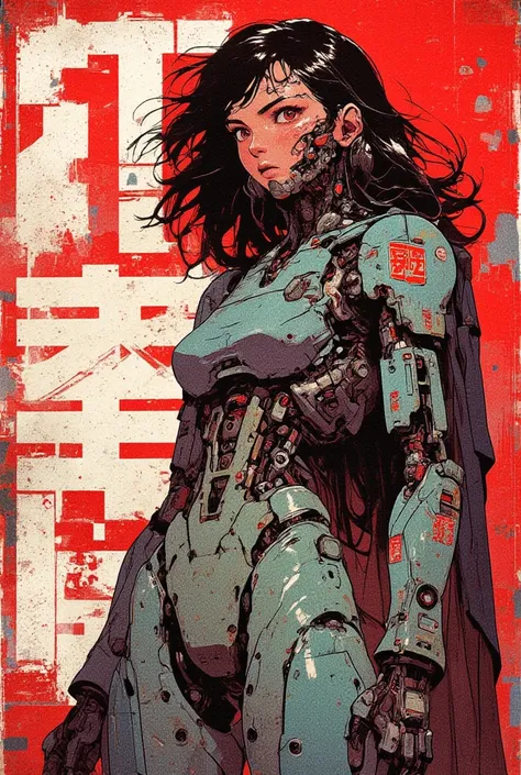 Score_100, rare 80s retro darkwave japanese sci-fi manga art, girl cyborg,stylish mech parts, rich textures, abstract white kanji grunge graffitti lettering, retrofuturistic graphic manga art techno android anime girl MIKO, cybernetic parts, perfectly buil...