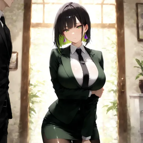 masterpiece, (((( best quality )))),1 girl, Japanese Anime ,character profilele,shiny skin, wearing a black suit,skirt suit, black tie , dark hair, short bob hair,The inner color of the hair is green, green eyes,isosceles triangle earrings, black tights,la...