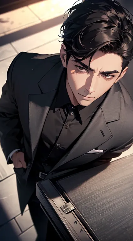 ( best quality,  masterpiece, 8k,  photorealistic,  cinematic lighting, 1:4 HDR image ,  seen from above , extremely detailed, Beautiful image), A mature man, Very beautiful,  short black hair ,  black eyes, no errors , ((buttoning the jacket, CEO))