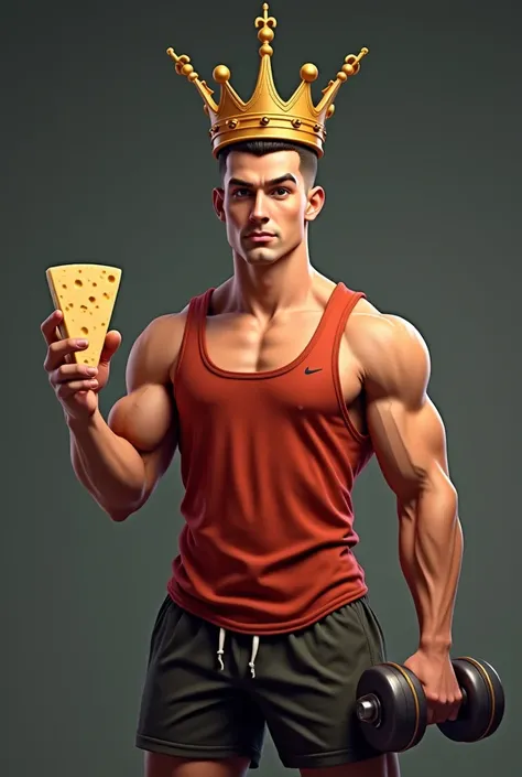 Create a guy in his 30s tanned in his 30s,  with shaved hair,  brown eyes, gym outfit with shorts and a tank top, who wears a king's crown on his head and has a gym weight in his right hand and a shape of Parmesan cheese in his left hand