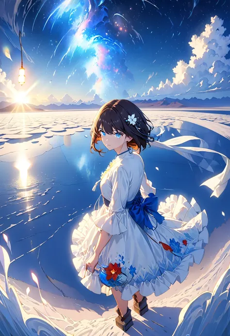   is ridiculous,  high resolution, ( Official Art,  beautiful and beautiful :1.2), (Shortsighted:1.15), ( 1 girl,  Lantern,   Medium Hair  ,  blue eyes, bright eyes,   long white dress, Blue frills,:1.2)  blue sky, Shining Galaxy, ( Salar de Uyuni :1.2), (...