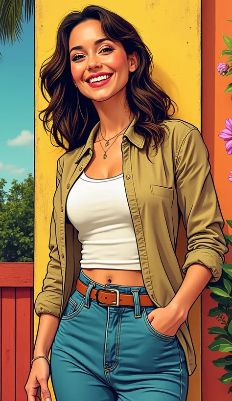 DISCREET image. with discreet casual clothes. image adult woman, american, comic book style. SHE IS HAPPY AND GRATEFUL, with a discreet smile. IMAGES WITH VIBRANT COLORS.