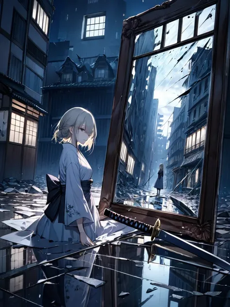 Broken Mirror, girl, Japanese sword,sorrow,night,The building that got out of place