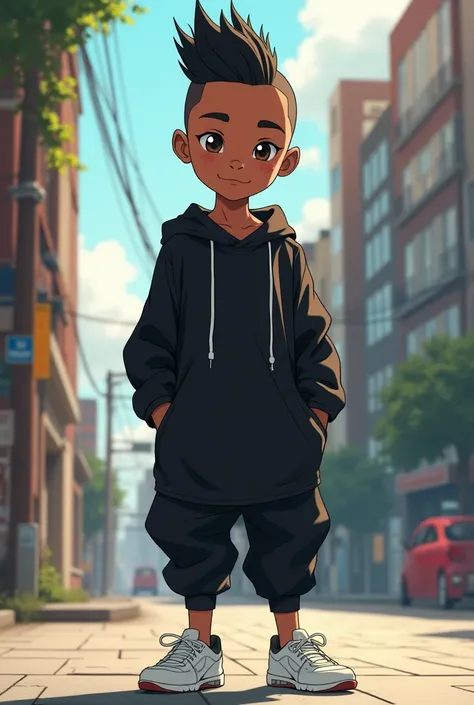 A brown boy with black hair, shaved on both sides .  He wears a long black shirt and black pants, Along with white sneakers. anime