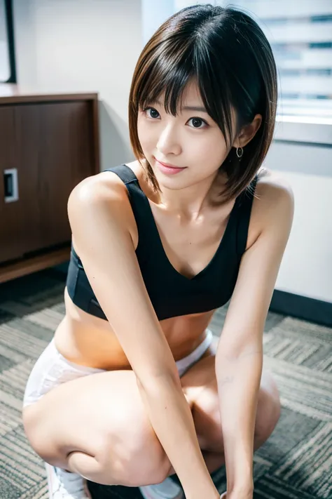 At the officeひざまずいて本を持っている黒髪ショートヘアの女性がいます, 4K high quality 、In white underwear,At the office,  woman is crouching ,  cute face with arms and legs  ,   beautiful anime girl squat  ,  sitting on the floor