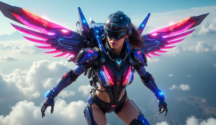 Young, beautiful, slender, muscular woman, equipped with a cyberpunk backpack jet engine and wings, wearing blue, red, and white metallic fiber combat flight suit, wearing cyberpunk headgear, flying like a hero Pose, overwhelming sense of speed, electronic...