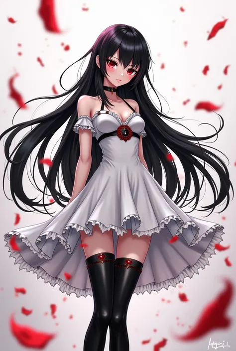  long black hair, white and black short dress with red eyes with sleeves, Beautiful anime girl in long black boots