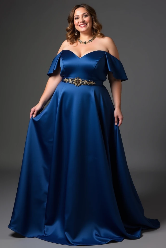  with the shoulder open and the shoulder part is a mixture of plain night blue and oil blue get a blue long Slightly wide skirt that looks smooth like satin so that it is not too fluffy (Do you create a picture of a dress with gold charms so that )  is not...