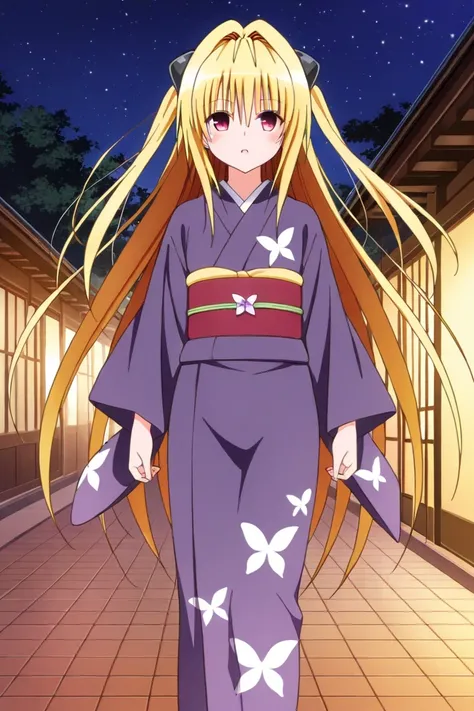 love-ru , konjiki na yami,  1girl ,  blond hair, hairpins on the sides of four leafy forests,  blush a lot ,  middle chest, in a dark purple kimono,  with a pattern of variously arranged round sharp white flowers, light pink belt,  tied with red thread and...