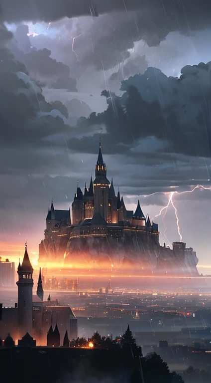 (late afternoon):0.9, (dense atmosphere):0.8, (feeling cold):0.7, (castle):1.2, (medieval):1.1, (storm):1.4, (lightning):1.3, (rain):1.2, (drizzling):1.2, (detailed 8k):1.5.