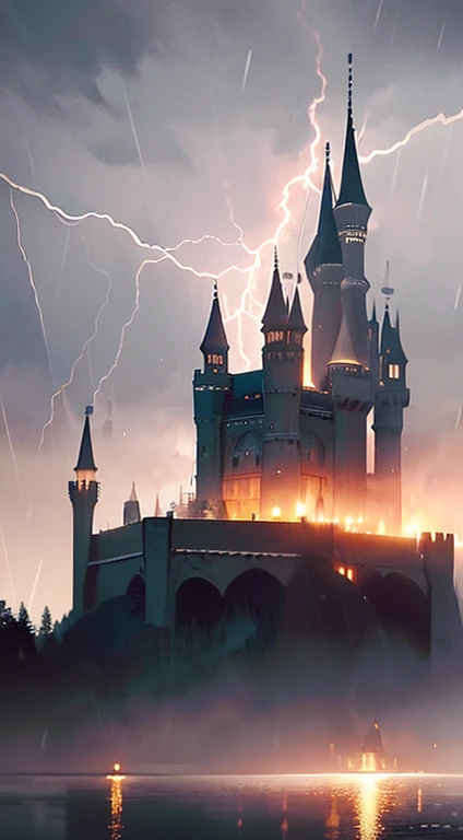 (late afternoon):0.9, (dense atmosphere):0.8, (feeling cold):0.7, (castle):1.2, (medieval):1.1, (storm):1.4, (lightning):1.3, (rain):1.2, (drizzling):1.2, (detailed 8k):1.5.