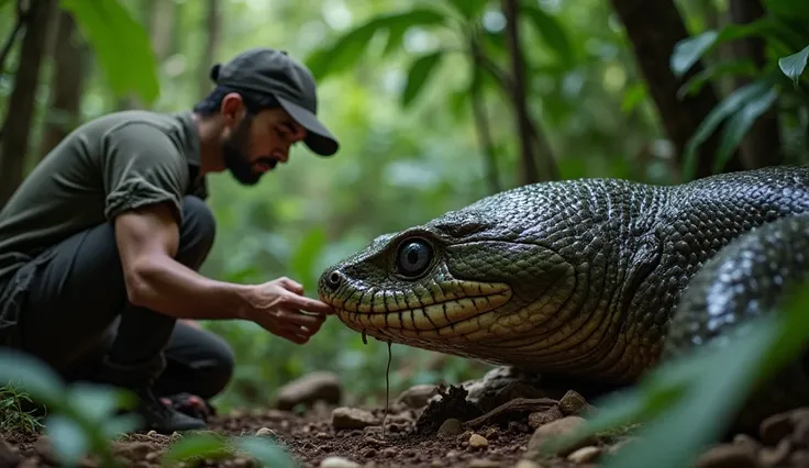 A tense moment in the Indonesian jungle, as an explorer cautiously reaches out toward the injured serpent. The massive creature remains still, allowing the human to come closer. Its body is scarred, and its expression is neither aggressive nor fearful—just...