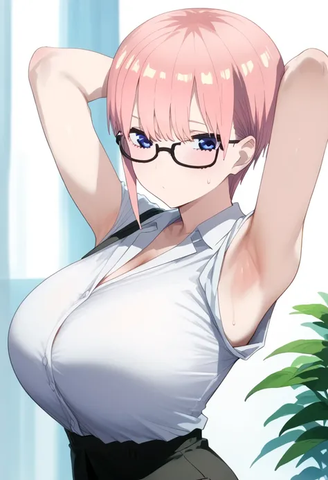 ichika nakano, short hair, bangs, blue eyes, hair between eyes, pink hair,huge breasts,,Show off your armpits、Arms behind the head,lms,black glasses,business suit