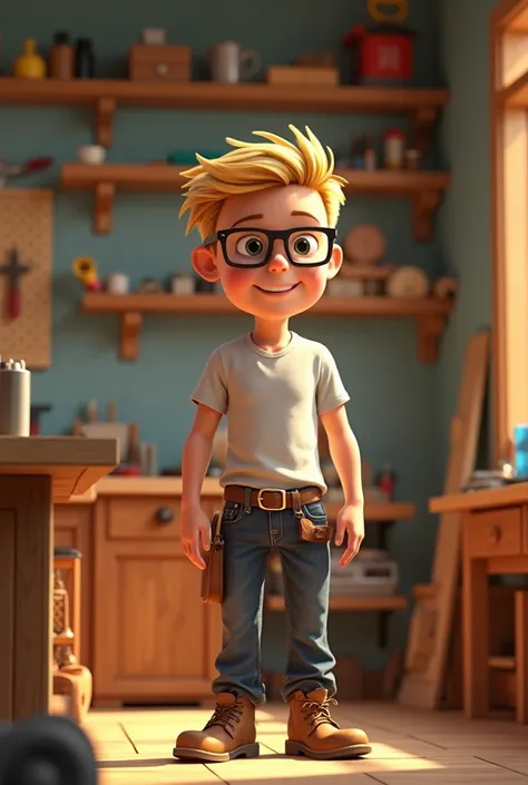 Make a pixar image of blond adult furniture assembler with glasses 