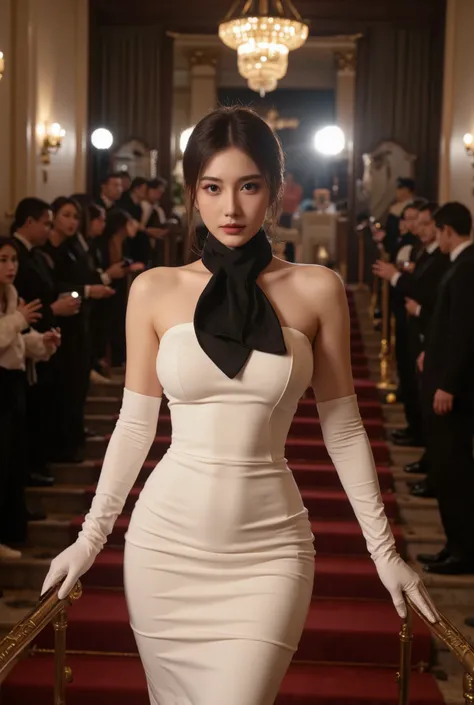 1 pretty young woman, wearing white elegant dress with padding, jet black scarf, walking in a red carpet, white long gloves, she's looking away, fierce look, fit body, perfect hands, detailed hands, perfect eyes, detailed eyes,  flirty, walking down the lu...