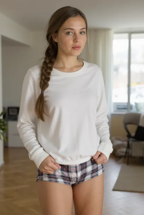 full body, lightbrown hair, long hair in a braid, young woman, she stands, in the modern living room in Hamburg, Boxer shorts for with checkered pattern, white top