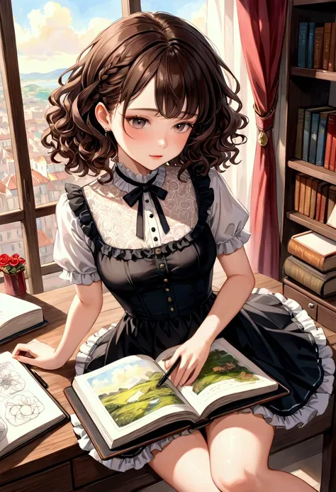 Imagine with me a desktop with a drawing book with a watercolor painting next to it. A model wearing a short ruffled dress with curly hair and painted with a black pen is painted on the notebook 