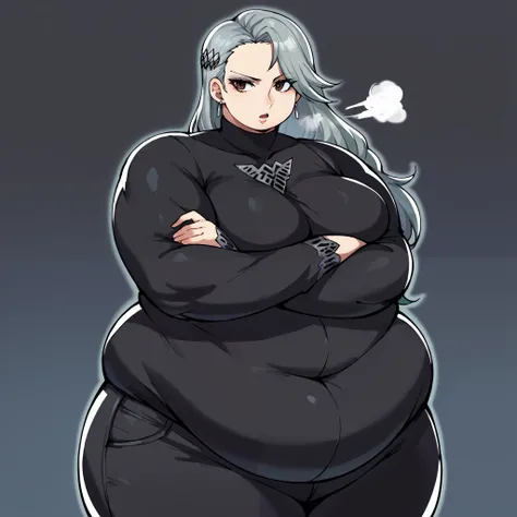 score_9, score_8_up, score_7_up, source_anime, solo, 1girl, saeniijima, makeup, lipstick, expressionless, looking at viewer, standing, contrapposto, crossed arms, hair ornament, brown eyes, black jacket, long sleeves, black sweater, turtleneck sweater, bla...