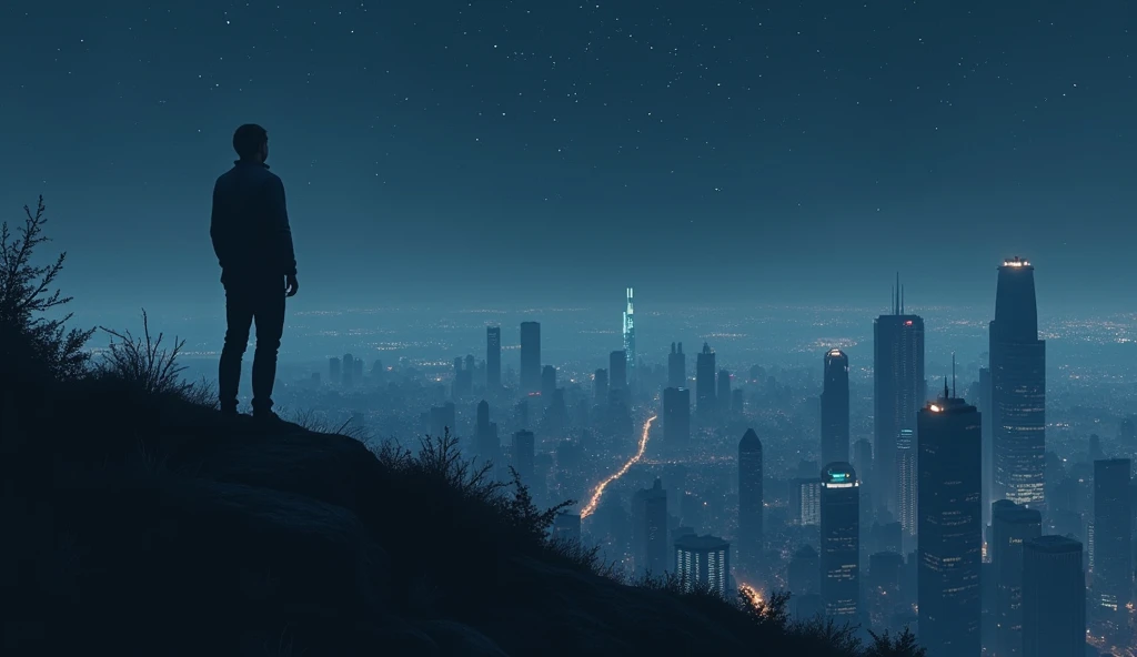 A lone figure standing on a hill, gazing at towering buildings below. The sky is dim, with stars scattered across. Bold text overlays: 'DYOR' and 'Don’t FOMO. Take Profit 30%'