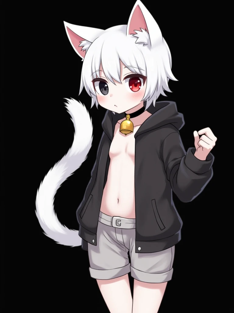 White fur, cat boy, 
black eye, White hair, femboy, fluffy tail, SFW, solo, black background, no nipples,  eyes red, bell, furry body, naked, full white skin, white ears, straight face, flat chest, short hair, 1boy, solo, choker, short pants, hoodie top, b...