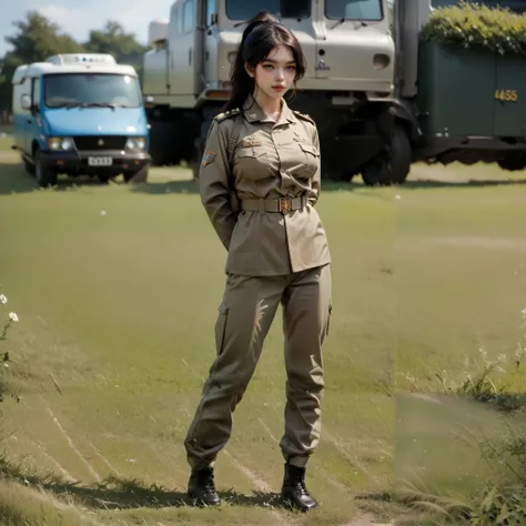 Masterpiece, extremely detailed,hyper realistic,4k,solo, 1girl, korean girl,stand up,ponytail black hair,full body ,perfect slim body ,long legs,arms behind back,perfect slim body, large breasts,realistic skin texture,(thin lips),army uniform, cowboy shot,...