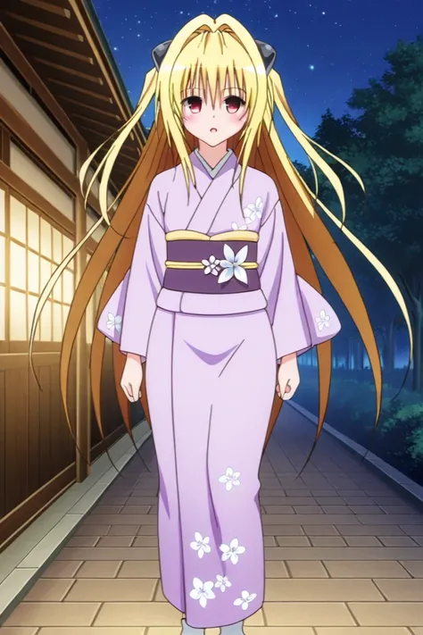 love-ru , konjiki na yami,  1girl ,  blond hair,  blush a lot ,  middle chest, in a bright purple kimono,  with a pattern on a kimono of white flowers, Light belt, tied with a red thread and a gray butterfly, with a calm face,  doesn't have a very open mou...