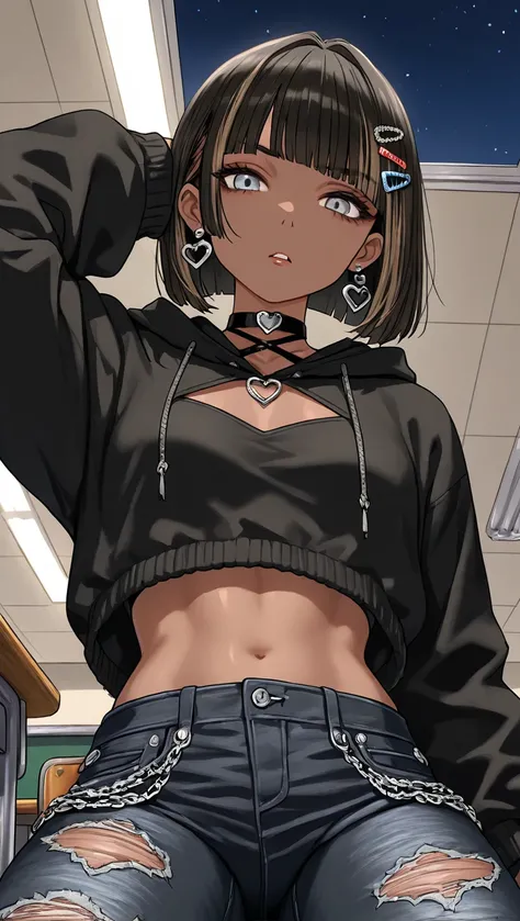 1Girl, Mature, Ebony, African American, Dark Skin, Jet Black Short With Brown Highlights, Bob-Cut, Silver Grey Eyes, Medium Chest, Black Halter Crop-Top, Black Cropped High-Cut Hoodie, Black Ripped Jeans, Jewelry, Heart Earrings, Black Hair Clips, Black Ch...