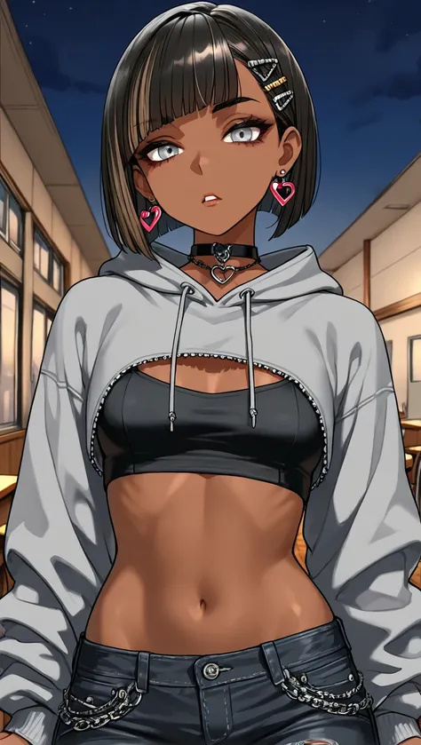 1Girl, Mature, Ebony, African American, Dark Skin, Jet Black Short With Brown Highlights, Bob-Cut, Silver Grey Eyes, Medium Chest, Black Halter Crop-Top, Black Cropped High-Cut Hoodie, Black Ripped Jeans, Jewelry, Heart Earrings, Black Hair Clips, Black Ch...