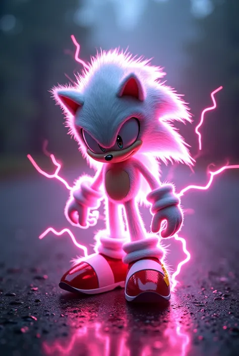 Sonic white fur, pink lightning all around the body. Blackground behind it is a night road