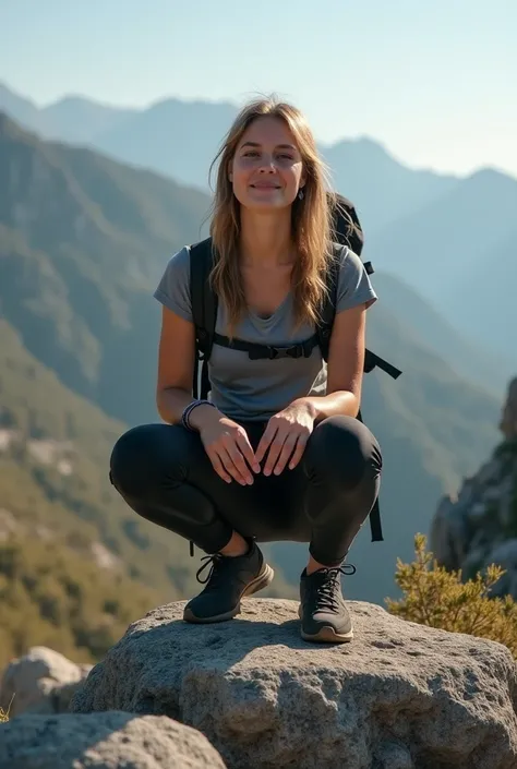 (front view) hiker girl in leggings squatting on the rock, high quality, (RAW photo, best quality), (realistic, photorealistic: 1.4), (extremely delicate and beautiful: 1.4), amazing, fine details, masterpiece, ultra detailed, high resolution, sharp focus,...