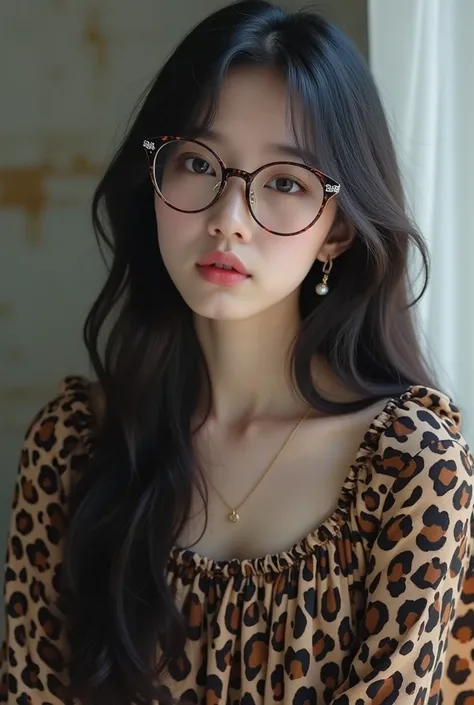 generate for me a photo of a 15-year-old Korean girl, with a beautiful figure, with very dark and long hair and wearing gyaru-style clothes. she has long nails and strong alternative makeup, a leopard-print blouse with decorations and glasses. the photo ca...