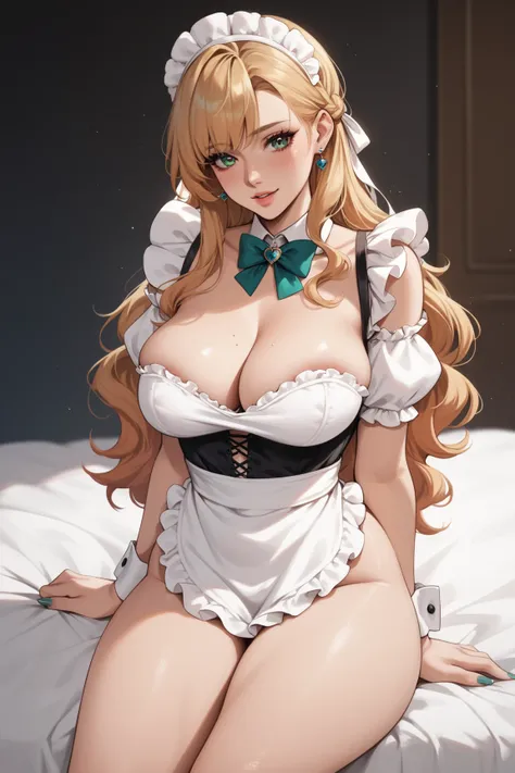 A single character Maria-victorian maid maria no houshi, with intricate eyes, high textured iris. she has blonde long hair with bangs. She wears maid outfit, Her outfit is hugging tightly to her voluptuous, curvy, hourglass body, highlighting her thick thi...