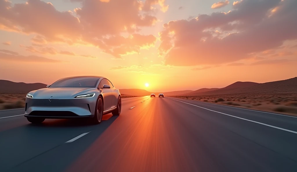 "Ultra-realistic 8K sunrise image over an open highway, featuring distant, metallic silver BYD and Tesla vehicles against a glowing horizon, symbolizing hope and clean energy."