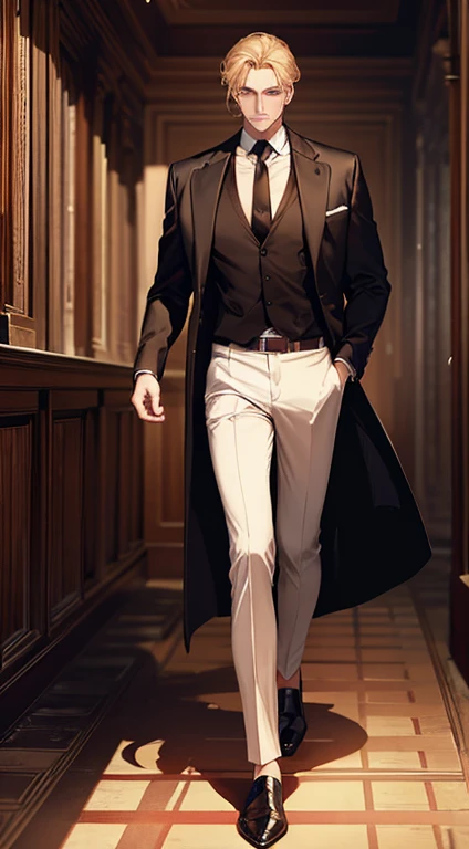  Handsome man, strong physique, black colored formal blouse,  long white pants ,  black dress shoes,  blond hair parted in the middle, straight hair,  brown eyes,  slender appearance , elegant,  library set , brown tie, indifferent look, ancient kingdom, m...