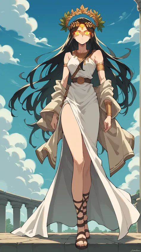 ancient greek goddess wearing a single shoulder long white dress, full body, robe, gladiator sandals, long hair, laurel crown, looking at viewer, glowing eyes, clouds