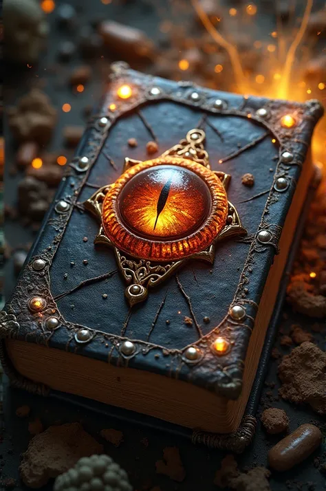  Create a d &d of a wizard grimoire .  It is made of patched leather in the color black and has silver metal rivets, in the center of the book is a beastly dragon's eye with an igneous color.  Around it it has a golden color like black smoke ,  style image...