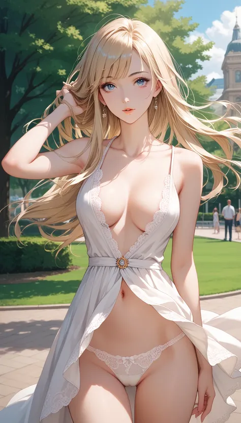 masterpiece, 8k, わきDownを見せない, Down,  no background,  becomes transparent when you stare at it {x}, PE, front view, upper body,  perfect beautiful face, Beautiful breasts,  thin legs, slim, beauty mark,blond  long hair, plunging neck mini total lace dress, ...