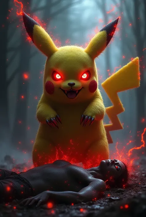 Dark Pikachu – A demonic Pikachu with bloodshot eyes, sharp claws, and an electric aura mixed with red sparks, standing over a lifeless body.

