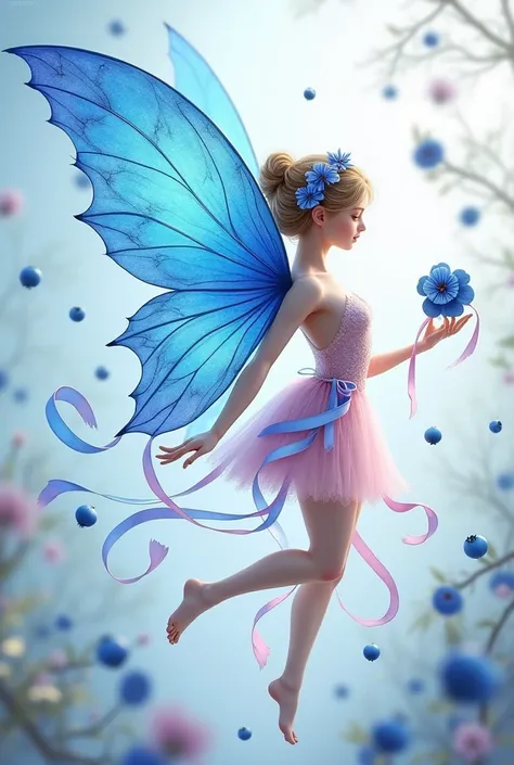 Make a fairy design with pastel colours and write blue wings on the picture the design is blue wings and pink and blue ribbon and blue berry fruits 