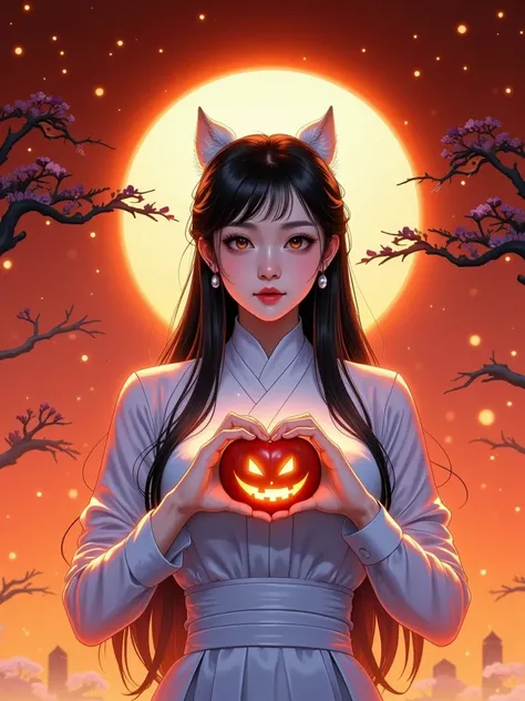  cartoon，万圣节 cartoon鬼戴着女巫帽， makes a heart gesture with your hands isolated on an orange background,  happy Halloween concept , Thermal Imaging ， neon light silhouette ，(Fire feeling )，(Thermal Imaging 特效:1.5)， details， atmosphere under the stars，Light Sens...