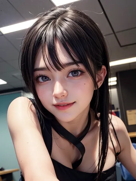 1girl, solo, office lady, dark blue hair, asymmetrical bangs, brown eyes, Ultra-detailed eyes, beautiful detailed face, beautiful glossy lips, beautiful breasts, embarrassed smiling expression, elegant office attire, cinematic lighting, office background, ...