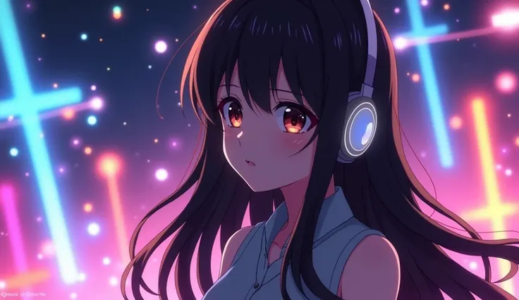 "A Japanese anime-style animated background for a music video, featuring a young woman with long flowing hair wearing a headset. She has a calm, focused expression, immersed in the music. The background is vibrant with dynamic lighting effects, neon colors...