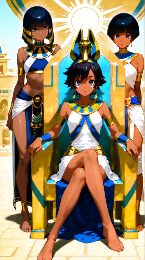 Egypt, Egyptian palace, sun, luz sunar, Egyptian pharaoh, \( short hair , Bowl cut,  black hair, brown skin,  small breasts,  eye shadow ,  blue eyes,  lips painted black ,  barefoot\),  sitting on a throne , relaxed. 