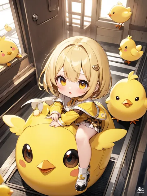 A girl who looks like a chick、 little character、 SD character 、The personification of a chick、 blonde、Bob、Chick tail