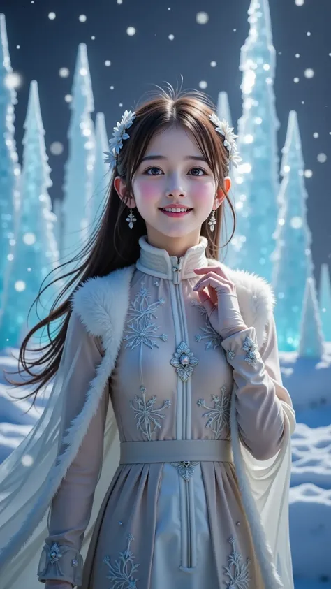 prompt: |
  An 18-year-old young girl stands on a celestial ice bridge, her presence illuminated by the ethereal glow of **Faishi Shrine (The Floating Celestial Ice Palace)**.  
  Her wide, sparkling eyes reflect the endless expanse of the sky, where float...