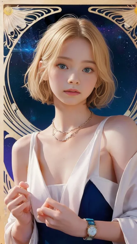 Emma Myers,  absurd,  top quality, 1 girl, Alone,  bright blonde ,  necklace, (simple space background), ( art nouveau style poster),  watches viewers, Intense Perspectives , Playing with the camera, （ mid-length bangs、 shown from head to foot 、whole body、...