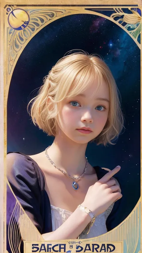 Emma Myers,  absurd,  top quality, 1 girl, Alone,  bright blonde ,  necklace, (simple space background), ( art nouveau style poster),  watches viewers, Intense Perspectives , Playing with the camera, （ mid-length bangs、 shown from head to foot 、whole body、...